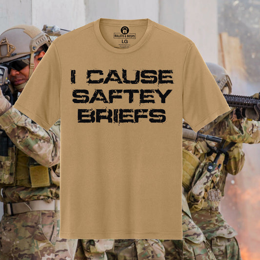 Shirts: “I Cause Safety Briefs” Premium Tan-T